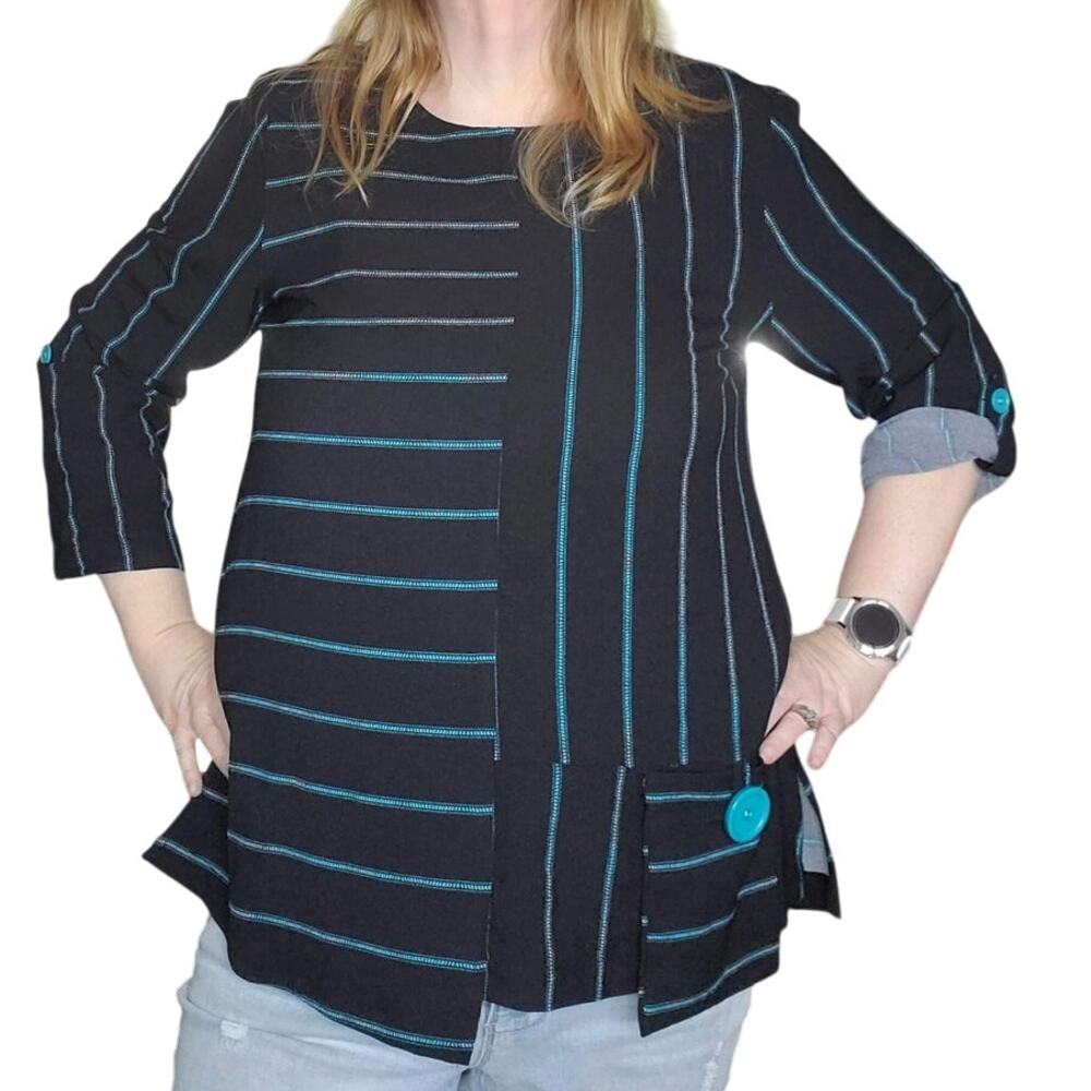 NEW Ali Miles Size XL Black Aqua Striped Roll Tab Sleeve Pocket Art Pullover Top
